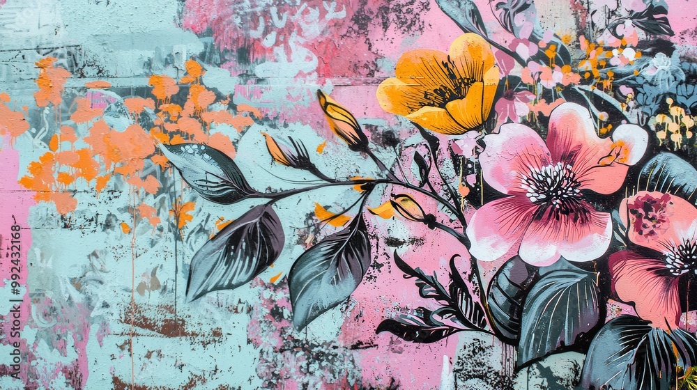 Obraz premium Graffiti wall with detailed botanical illustrations, delicate flowers and vines intertwining with bold street art patterns