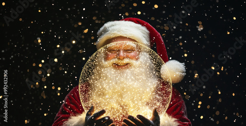 Santa with a glowing ring of light in his hands and snow falling around him creates a festive, magical scene for holiday campaigns. photo