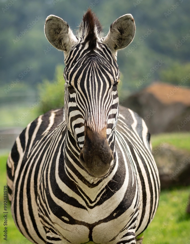 Naklejka premium Isolated zebra with depth of field highlighting unique stripes and majestic stature