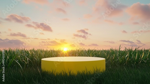 3D Yellow Podium in a Lush Green Field at Sunset