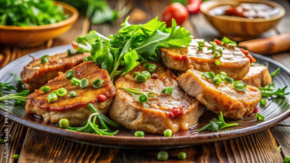Close up of appetizing fried pork meat with savory sauce and fresh greens , pork, meat, fried, crispy, sauce, greens, vegetables Close up of appetizing fried pork meat with savory sauce and fresh greens , pork, meat, fried, crispy, sauce, greens, vegetables