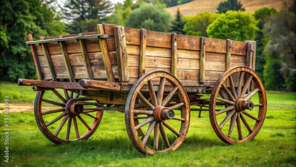 Old wooden horse-drawn rural wagon with four wheels, vintage, rustic, transportation, agriculture, farm Old wooden horse-drawn rural wagon with four wheels, vintage, rustic, transportation, agriculture, farm