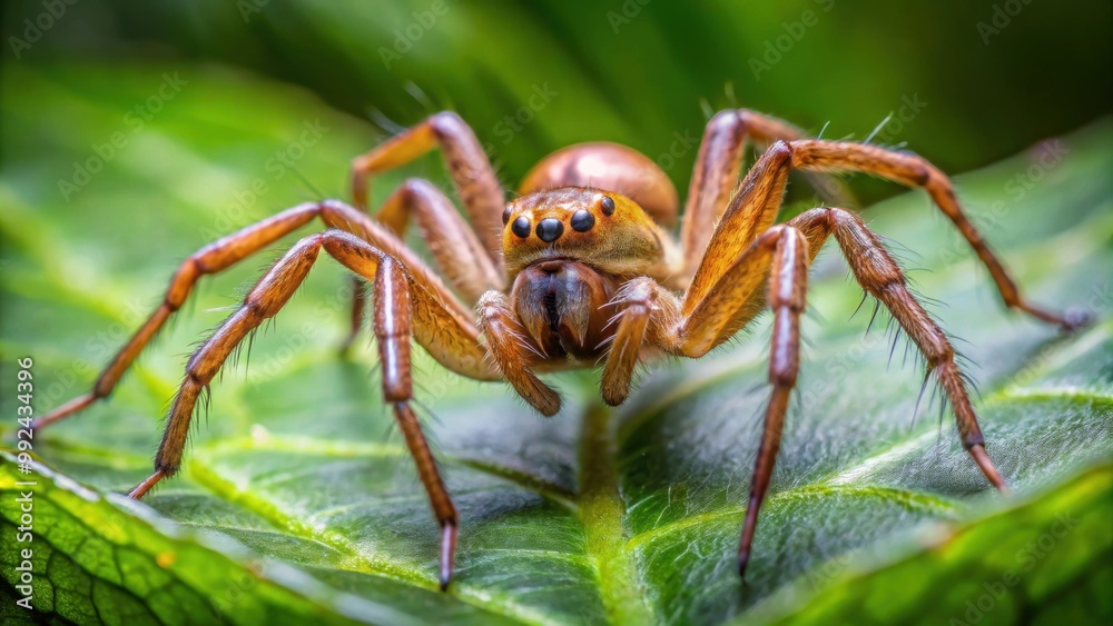 Close-up image of Cheiracanthium punctorium spider crawling on a leaf in its natural habitat, spider Close-up image of Cheiracanthium punctorium spider crawling on a leaf in its natural habitat, spider
