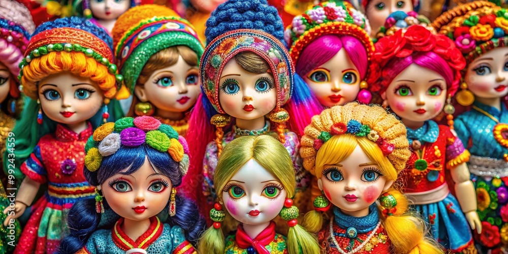Colorful dolls arranged in a vibrant display showcasing creativity and playful design elements Colorful dolls arranged in a vibrant display showcasing creativity and playful design elements