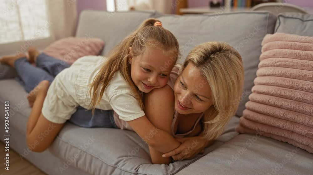 Mother and daughter relaxing on a couch together in a cozy living room, showing familial bonding and warmth at home Mother and daughter relaxing on a couch together in a cozy living room, showing familial bonding and warmth at home