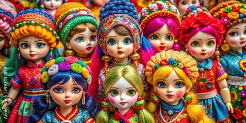 Colorful dolls arranged in a vibrant display showcasing creativity and playful design elements