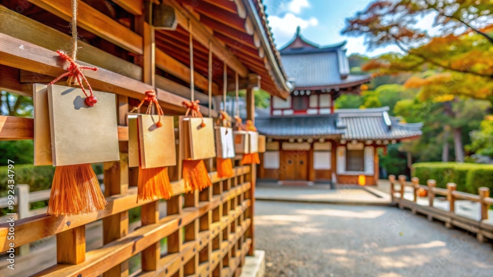 Traditional Ema wishing plaques hanging at a Shinto shrine in Kyoto, September 2022, Kyoto, Japan Traditional Ema wishing plaques hanging at a Shinto shrine in Kyoto, September 2022, Kyoto, Japan