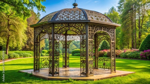 Intricate laser-cut metal gazebo with ornate floral patterns in a serene outdoor park setting, metal, gazebo, laser-cut