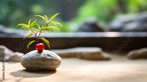 Single acerola cherry placed smooth stone a zen garden with raked sand and bonsai trees softly blurred in the background symbolizing balance and natural simplicity Scientific name Malpighia emarginata photo