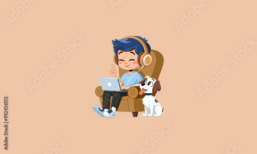 Boy with headphones relaxing in a chair with a happy dog.