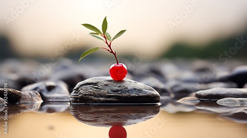 Single acerola cherry placed smooth stone a zen garden with raked sand and bonsai trees softly blurred in the background symbolizing balance and natural simplicity Scientific name Malpighia emarginata photo