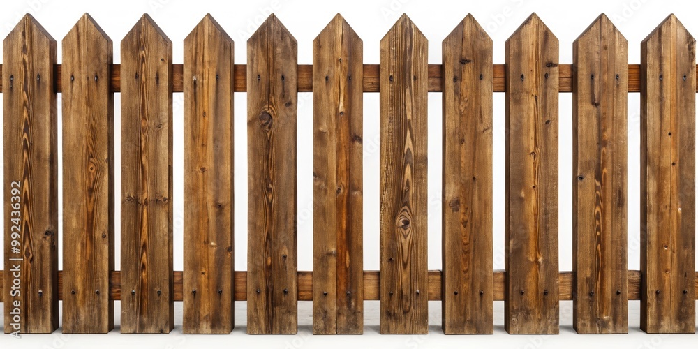Brown old wooden fence made of planks isolated on white background, fence, brown, old, wooden, planks, isolated, background