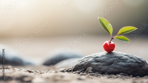 Single acerola cherry placed smooth stone a zen garden with raked sand and bonsai trees softly blurred in the background symbolizing balance and natural simplicity Scientific name Malpighia emarginata photo