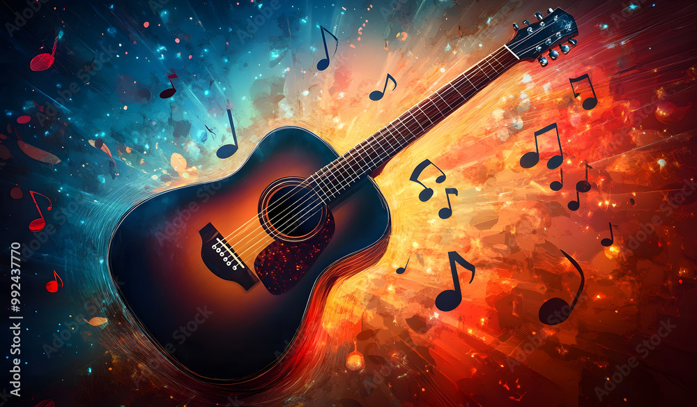 Fototapeta premium Vibrant Acoustic Guitar with Colorful Abstract Art Background – Music and Creativity Concept design