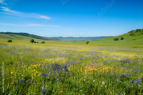 Idyllic Meadow with Rolling Hills, Wildflowers, and Gentle Trees under a Bright Blue Sky photo