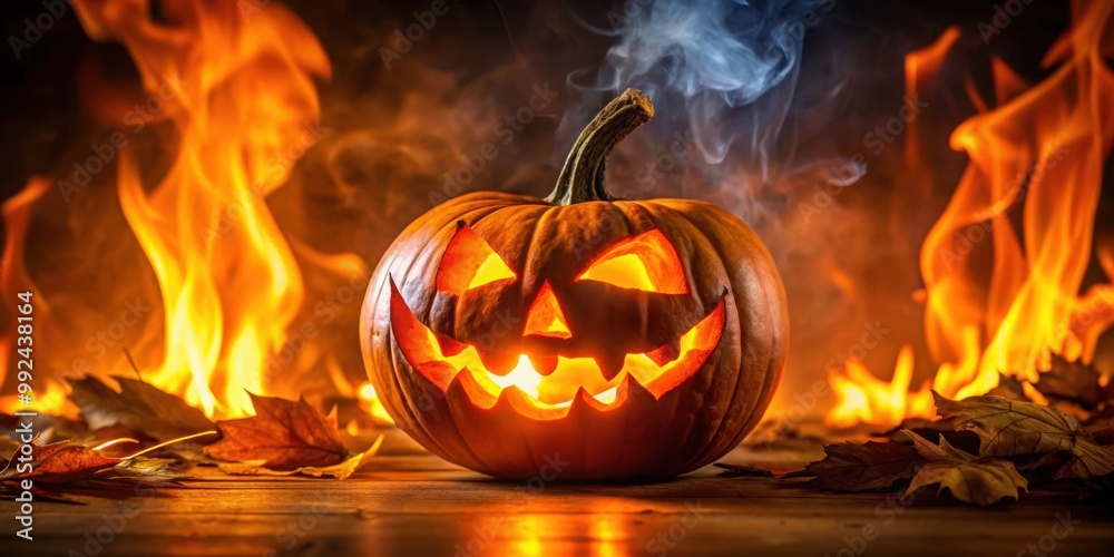 Glowing Jack-O'-Lantern surrounded by fiery Halloween festive atmosphere, Halloween, pumpkin, orange, fiery, festive Glowing Jack-O'-Lantern surrounded by fiery Halloween festive atmosphere, Halloween, pumpkin, orange, fiery, festive