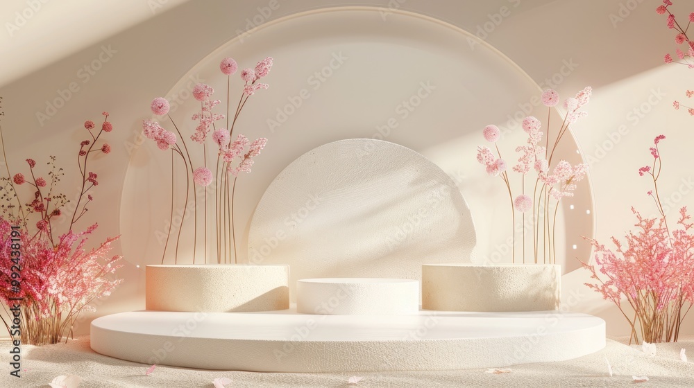Abstract podium background with geometric shapes and floral decoration Skura AI generated image Abstract podium background with geometric shapes and floral decoration Skura AI generated image