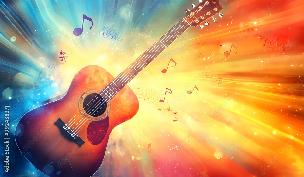 Obraz premium Vibrant Acoustic Guitar with Colorful Abstract Art Background – Music and Creativity Concept design