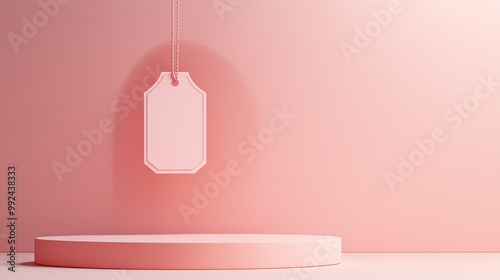 Blank price tag on product stand, minimalist, 3D illustration photo