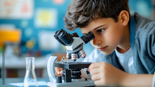 A Young Boy Looking Through a Microscope During a Science Experiment