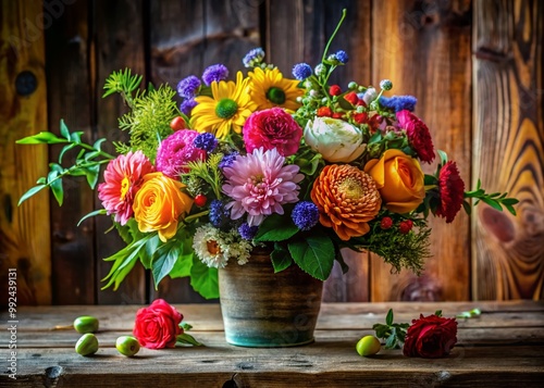 Colorful Floral Arrangement with Greenery and Delicate Blooms in a Rustic Wooden Setting