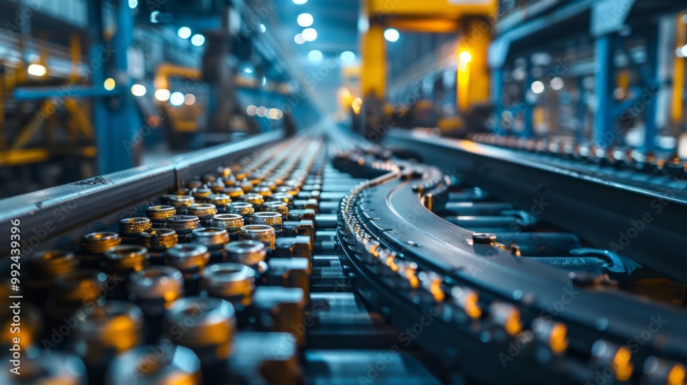 Detailed view of heavy machinery and conveyor belts in an industrial plant, focusing on the machinery's mechanical components Detailed view of heavy machinery and conveyor belts in an industrial plant, focusing on the machinery's mechanical components