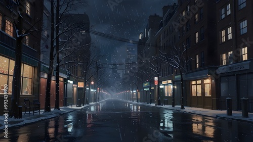 Snowing and raining in the New York city cartoon anime