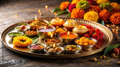 Diwali puja thali with traditional symbols and offerings for blessings, Diwali, puja thali photo