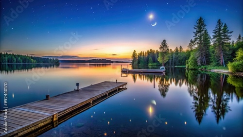 Tranquil sunset on Hungry Jack Lake with dock, moon, stars, and cabins off Gunflint Trail in Northern Minnesota, Tranquil photo