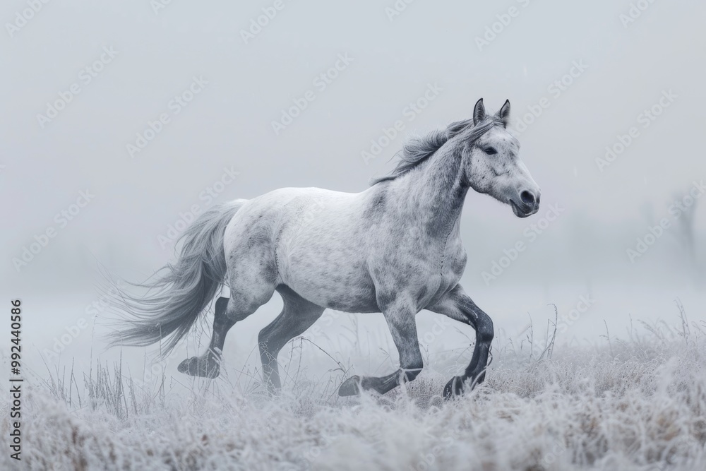 white horse gallops through the pristine snow of a winter field, embodying beauty and freedom. white horse gallops through the pristine snow of a winter field, embodying beauty and freedom.