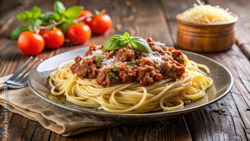 Delicious plate of hot spaghetti bolognese with flavorful meat sauce and grated parmesan cheese , Italian, pasta