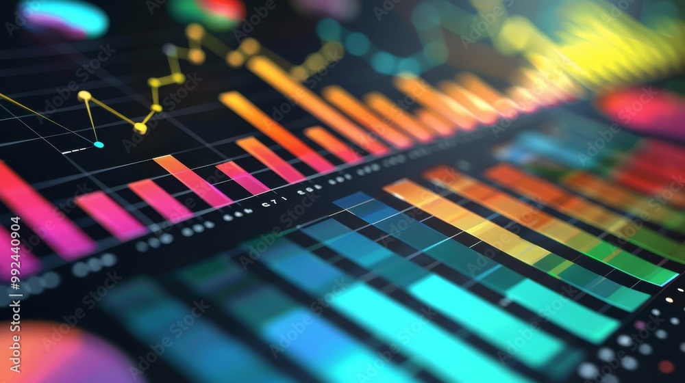 Abstract colorful data visualization with graphs and charts on a dark background. Ideal for representing growth, analysis, and business success. Abstract colorful data visualization with graphs and charts on a dark background. Ideal for representing growth, analysis, and business success.