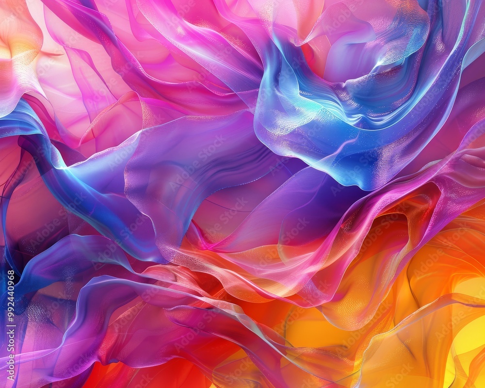 Obraz premium Abstract colorful flowing fabric with vibrant hues of pink, purple, blue, and orange.