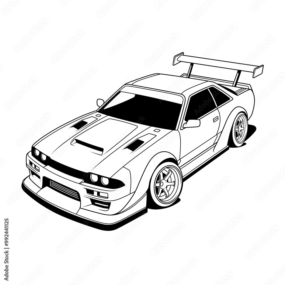Sports Car Illustration: A dynamic black and white vector drawing of a sports car, featuring a sleek design with a front hood vent, pop-up headlights, and an oversized rear spoiler Sports Car Illustration: A dynamic black and white vector drawing of a sports car, featuring a sleek design with a front hood vent, pop-up headlights, and an oversized rear spoiler