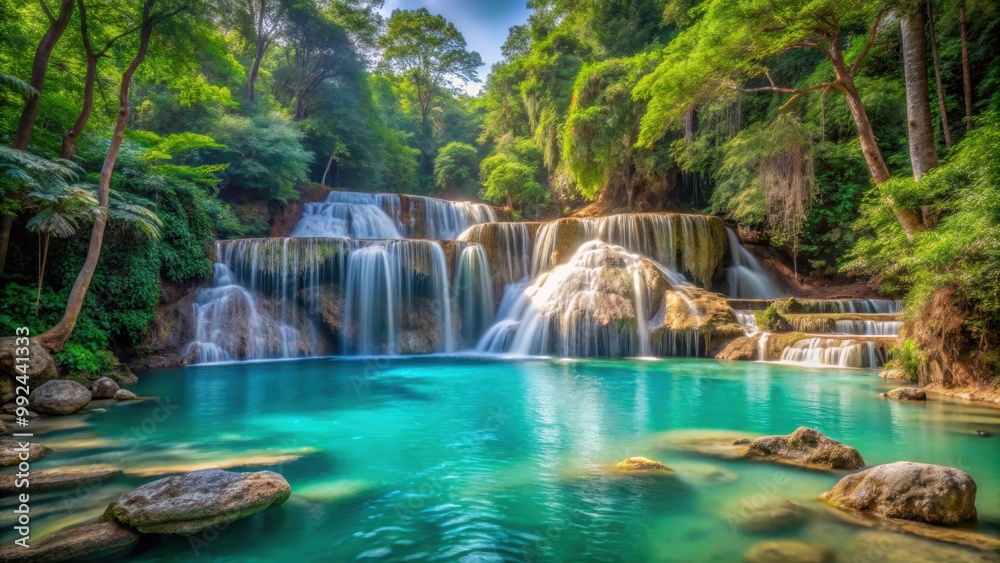 Erawan Waterfall in Kanchanaburi, Thailand A stunning seven-tiered waterfall nestled in lush tropical surroundings Erawan Waterfall in Kanchanaburi, Thailand A stunning seven-tiered waterfall nestled in lush tropical surroundings