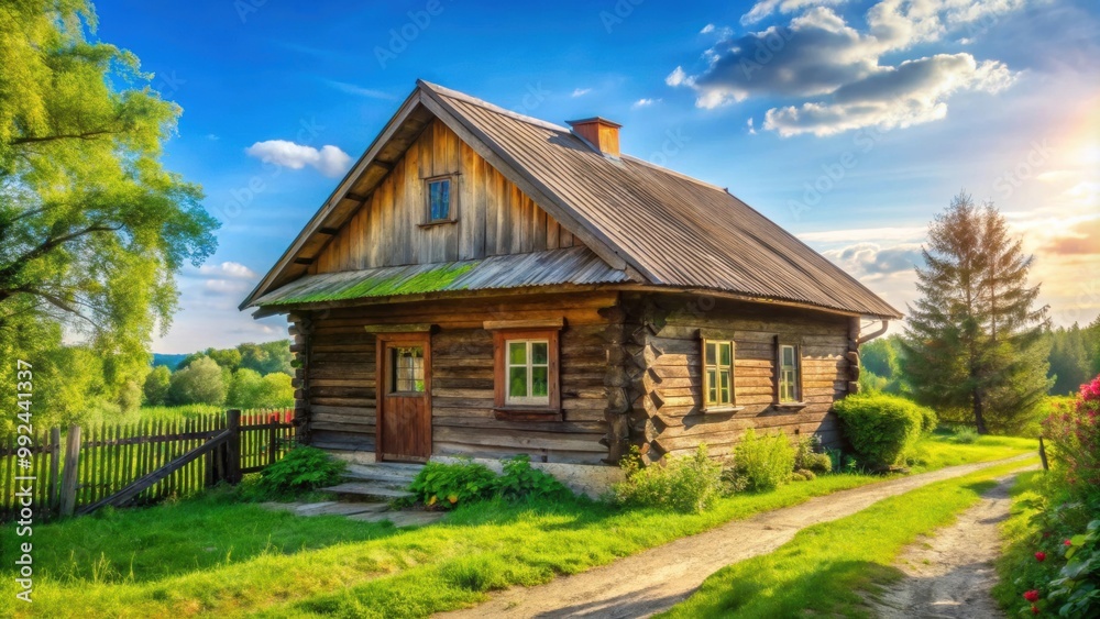 Old wooden house in a village on a sunny summer day, wooden house, village, sunny, summer, old, rustic, vintage Old wooden house in a village on a sunny summer day, wooden house, village, sunny, summer, old, rustic, vintage