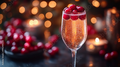 Single cranberry balanced edge of champagne flute glamorous holiday party twinkling lights elegantly dressed guests background symbolizing celebration festivity Scientific name Vaccinium macrocarpon photo