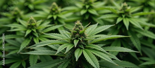 A medicinal garden with cannabis leaves growing on hemp bushes forms the backdrop photo