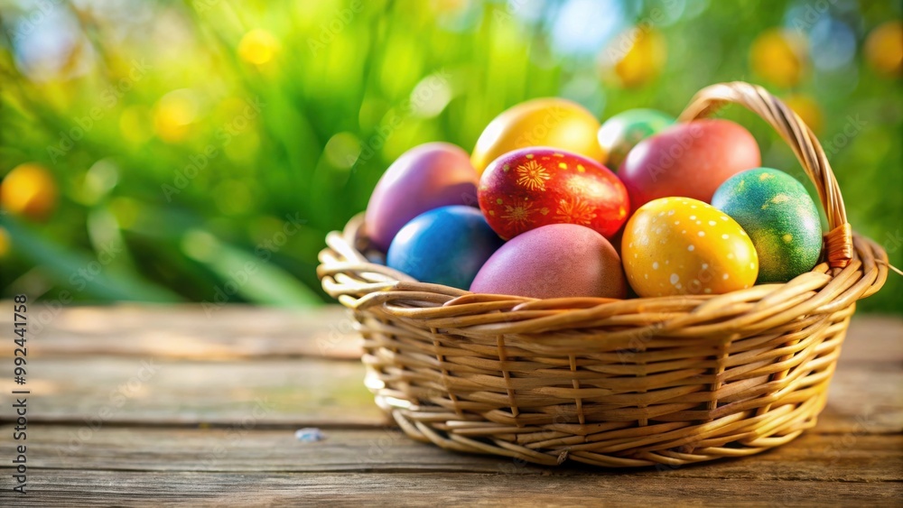 Easter eggs in a basket with selective focus , holiday, celebration, pastel colors, traditional, Christian Easter eggs in a basket with selective focus , holiday, celebration, pastel colors, traditional, Christian