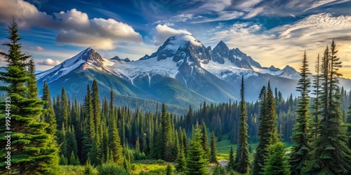 Mountains rise majestically on the distant horizon beyond a sea of towering conifers.