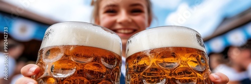 an Oktoberfest waitress in a dirndl serving large beer steins smiling with a background of a bustling festival tent full of people dancing and celebrating with banners and decorations in blue and whit photo