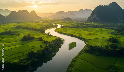 Serene River Valley at Sunrise with Lush Green Mountains and Boat – Scenic Nature Landscape