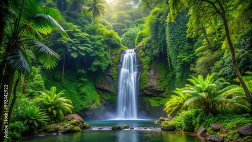 Lush tropical waterfall surrounded by dense rainforest foliage, Millaa Millaa Falls