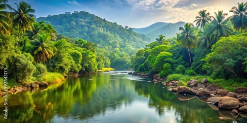 Fototapeta Naklejka Na Ścianę i Meble -  Panorama of a tranquil mountain river flowing through lush green jungle in Goa, India, jungle, mountain, river, Goa, India