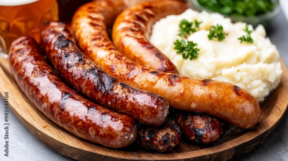 a traditional Oktoberfest table setting with a large wooden platter of German sausages sauerkraut mashed potatoes and pretzels accompanied by glass steins of beer captured in rustic warm tones a traditional Oktoberfest table setting with a large wooden platter of German sausages sauerkraut mashed potatoes and pretzels accompanied by glass steins of beer captured in rustic warm tones