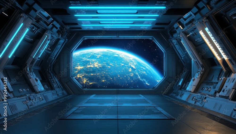 Obraz premium Spaceship Interior with Earth View