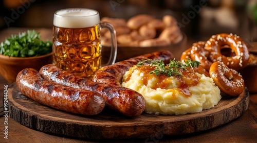 a traditional Oktoberfest table setting with a large wooden platter of German sausages sauerkraut mashed potatoes and pretzels accompanied by glass steins of beer captured in rustic warm tones