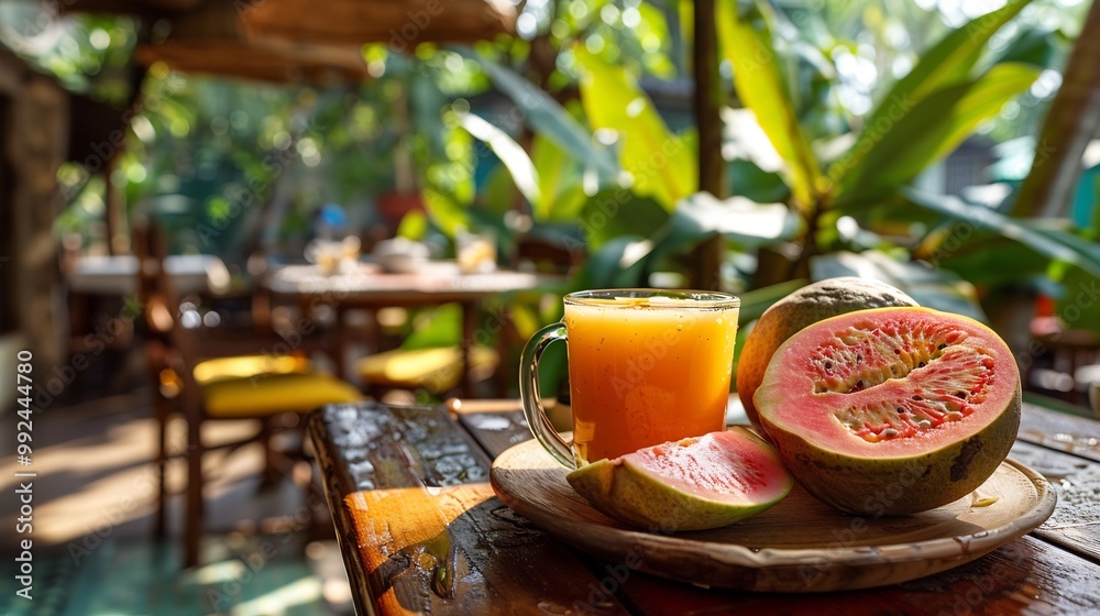Single guava a slice cut out placed on a table at an outdoor caf with other fruits and a cup of tea creating a relaxing and healthy setting for foodrelated projects Scientific name Psidium guajava Single guava a slice cut out placed on a table at an outdoor caf with other fruits and a cup of tea creating a relaxing and healthy setting for foodrelated projects Scientific name Psidium guajava