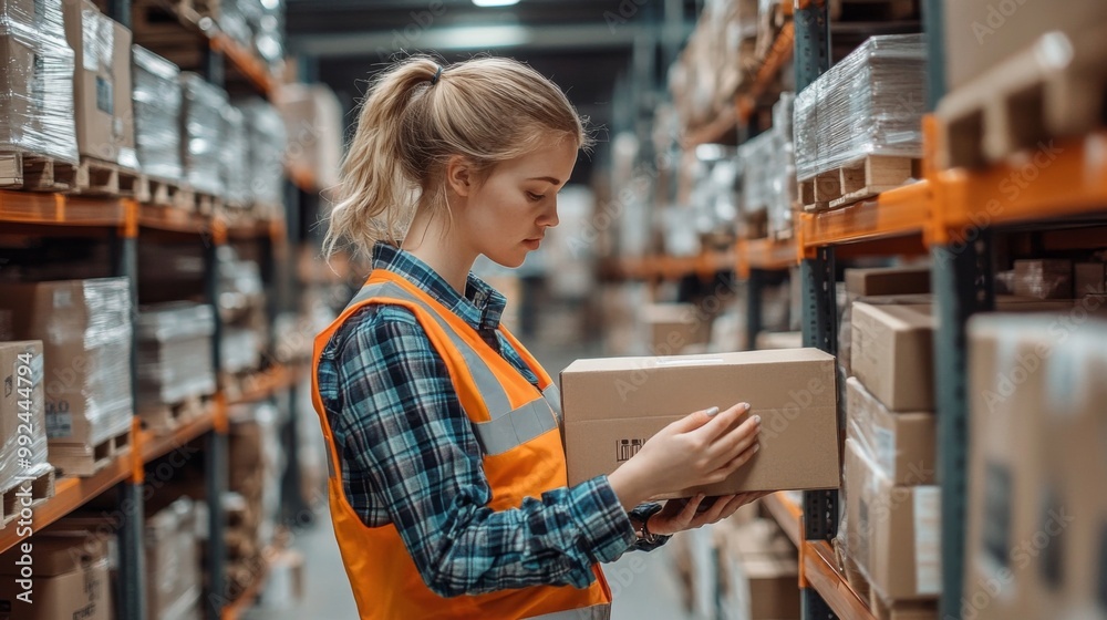 This image we can see young woman warehouse A female operator examines This image we can see young woman warehouse A female operator examines