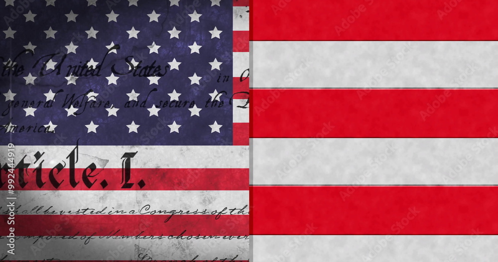 Fototapeta premium Image of stars and stripes of american flag and declaration of independence